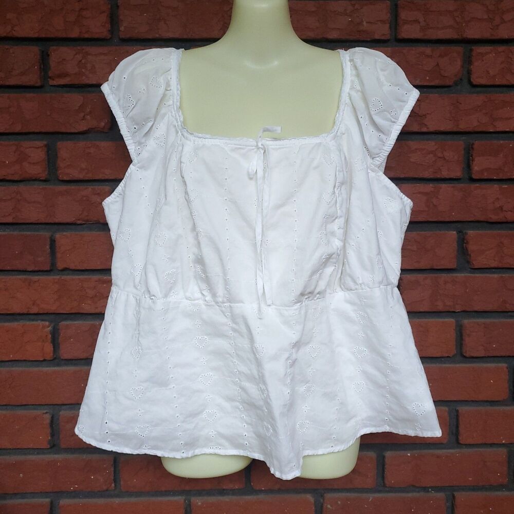 Womens White Cotton Eyelet Top Size XXL Coquette Dainty Feminine Peasant Cottage